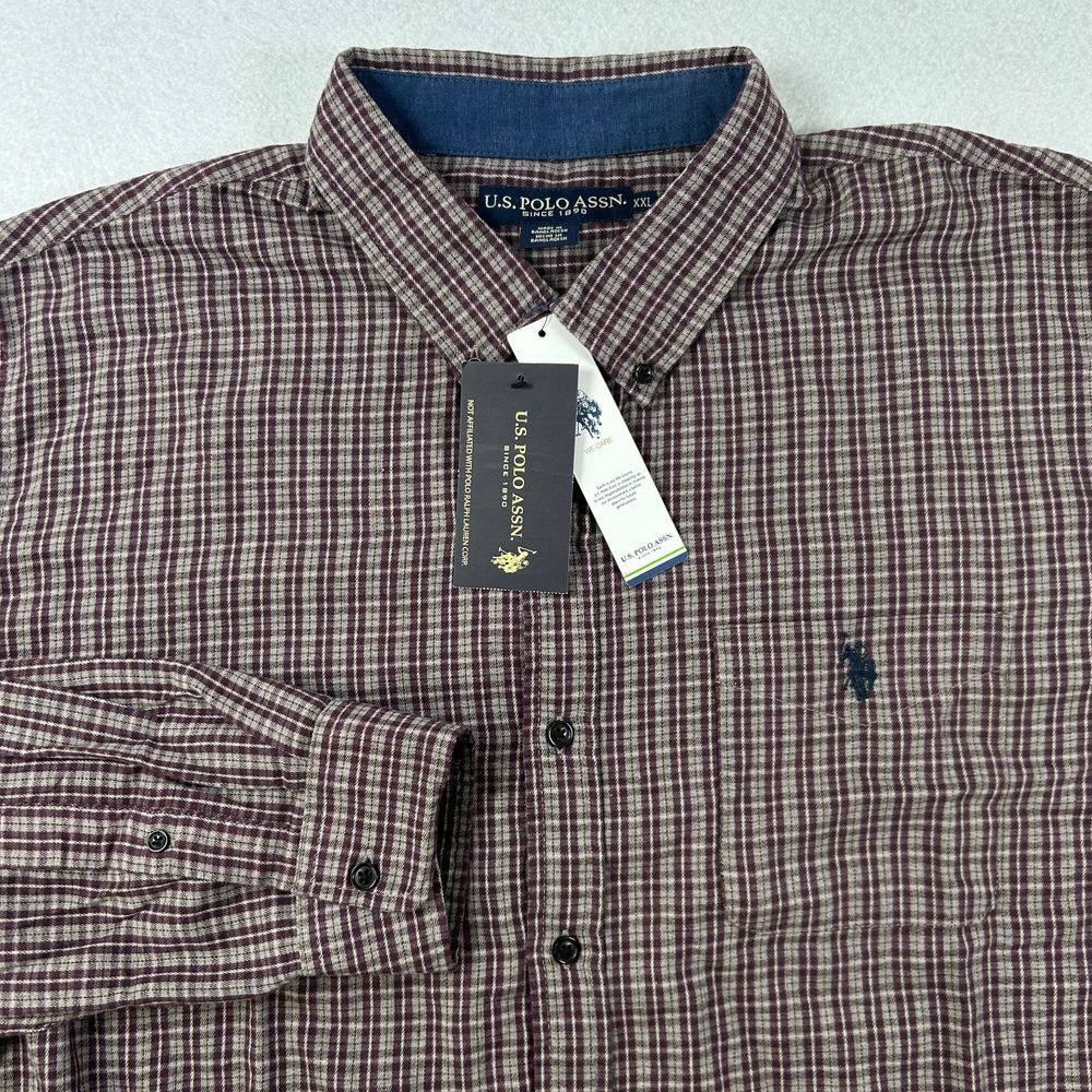 U.S. Polo Assn. Button Down Shirt‎ Mens XXL Maroon Plaid Woven Long Sleeve NWT